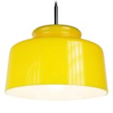 Metalarte yellow pendant lamp metal lampshade white plastic acrylic grid chrome rod E27 socket 1970s Spain