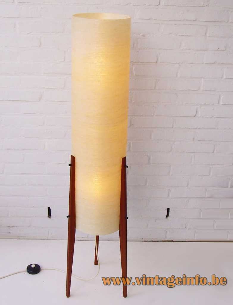 Novoplast tripod rocket floor lamp yellow fibreglass tube 3 conical teak legs 1950s 1960s Czech Republic