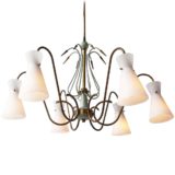 Opal glass diabolo chandelier curved brass rods & arrows 6 white lampshades 1950s 1960s Boulanger Belgium