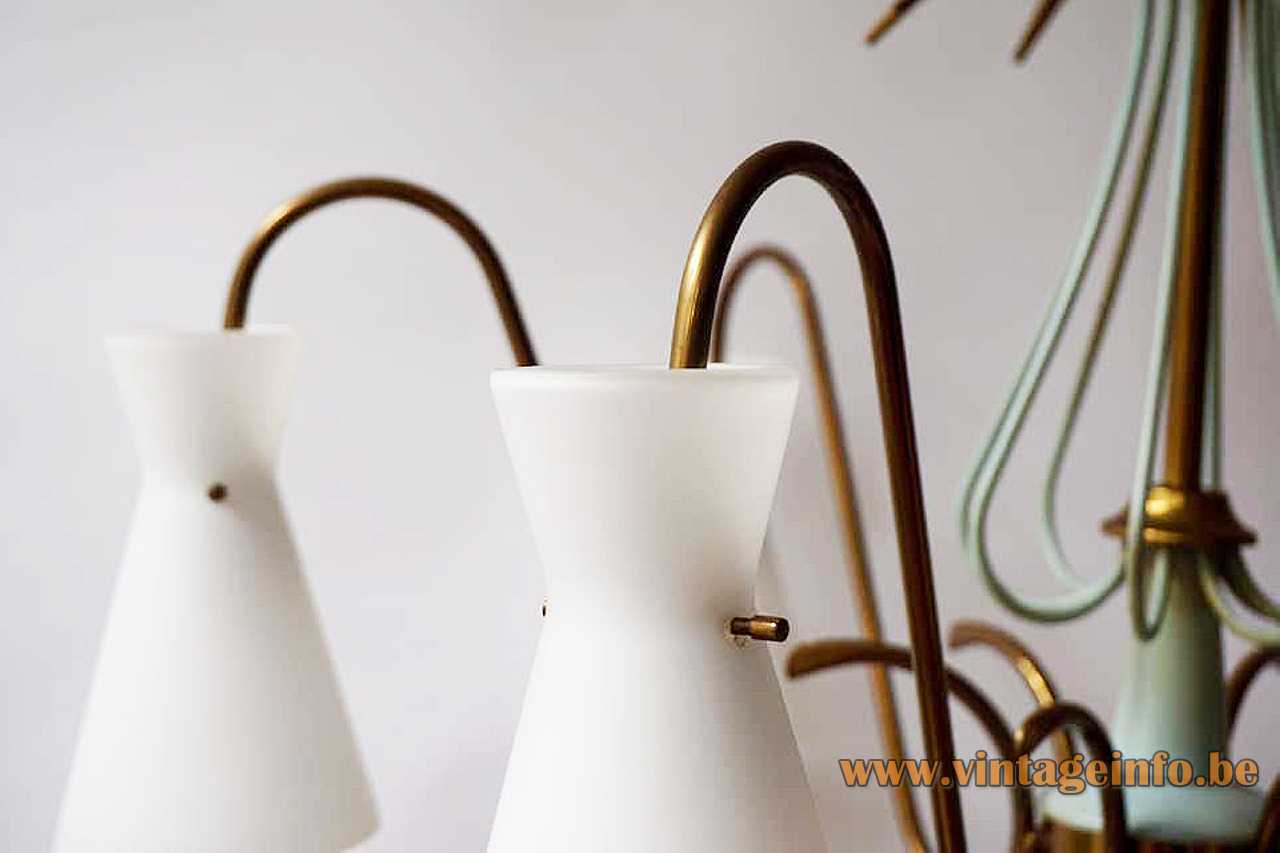 Opal glass diabolo chandelier curved brass rods & arrows 6 white lampshades 1950s 1960s Massive Belgium