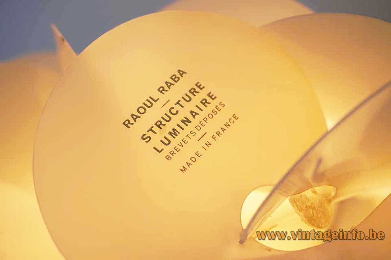 aoul Raba pendant lamp Rose Des Sables desert rose 1968 design plastic flower globe 1960s label