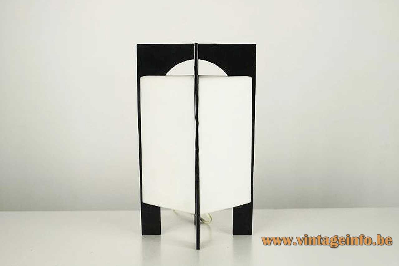 Square acrylic Tramo table lamp 4 black flat slats legs white Perspex lampshade 1970s Spain