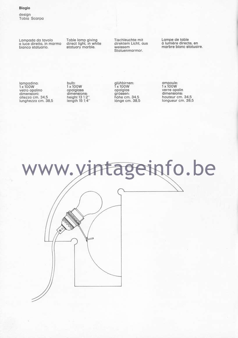 Tobia Scarpa Biagio Table Lamp - 1980 Flos Catalogue Pïcture - Data, Dimensions