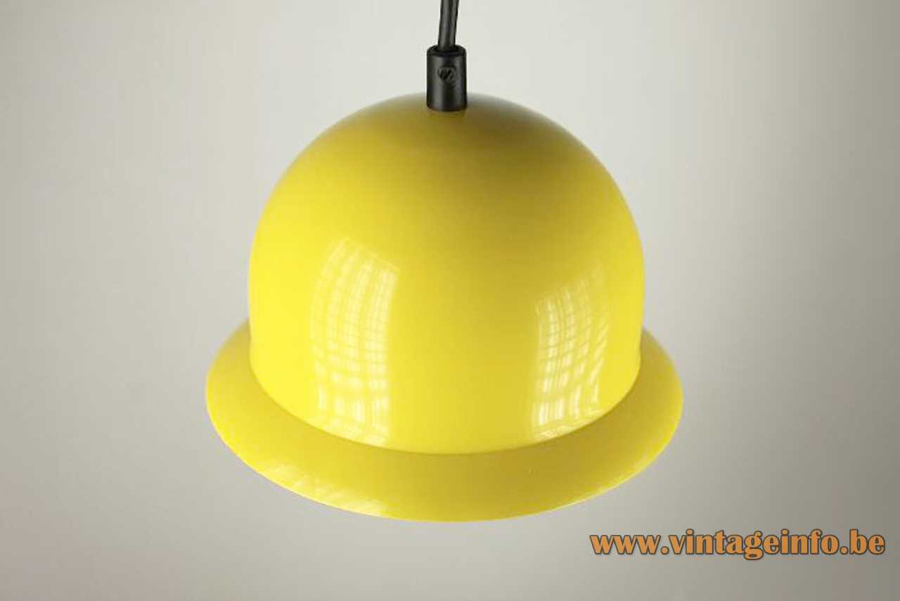 Tramo metal pendant lamp yellow helmet style lampshade white inside E27 socket 1970s Barcelona Spain