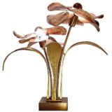 Willy Daro flower table lamp square brass base bronze leaves pink oyster shell 1970s design Belgium