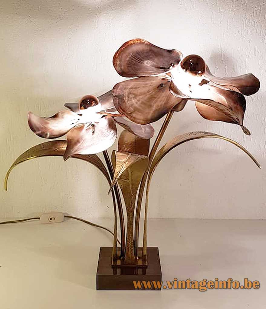 Willy Daro flower table lamp square brass base bronze leaves pink oyster shell 1970s design Belgium