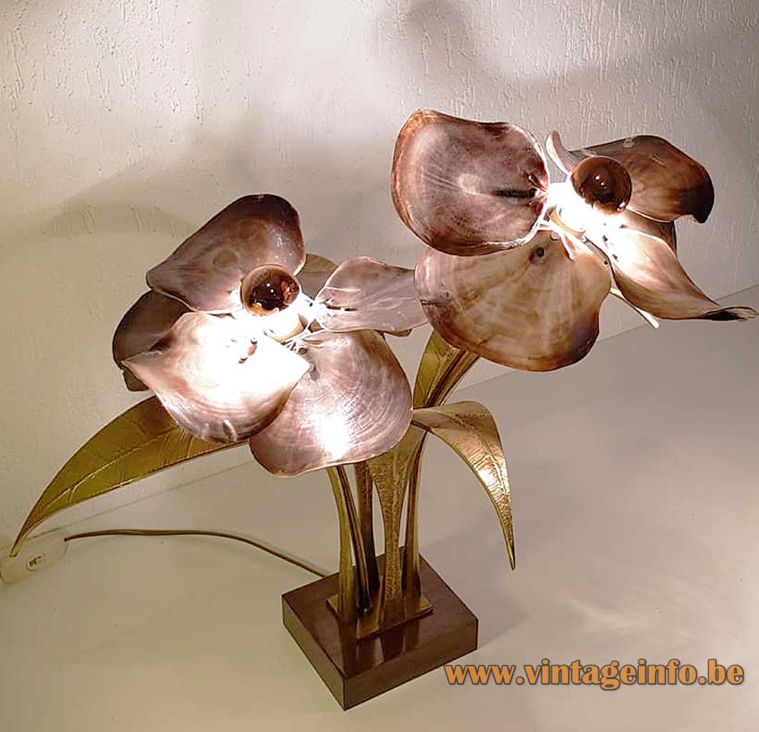 Willy Daro flower table lamp square brass base bronze leaves pink oyster shell 1970s design Belgium