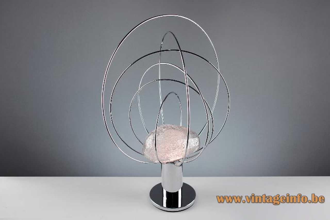 Angelo Brotto Barnaba table lamp chrome base 6 wire circles lampshade crystal stone 1970s Esperia Italy