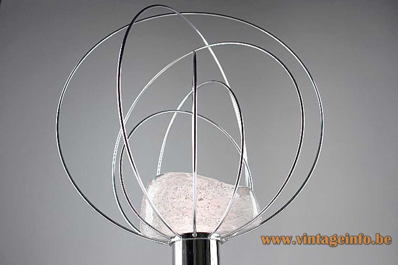 Angelo Brotto Barnaba table lamp chrome base 6 wire circles lampshade crystal stone 1970s Esperia Italy