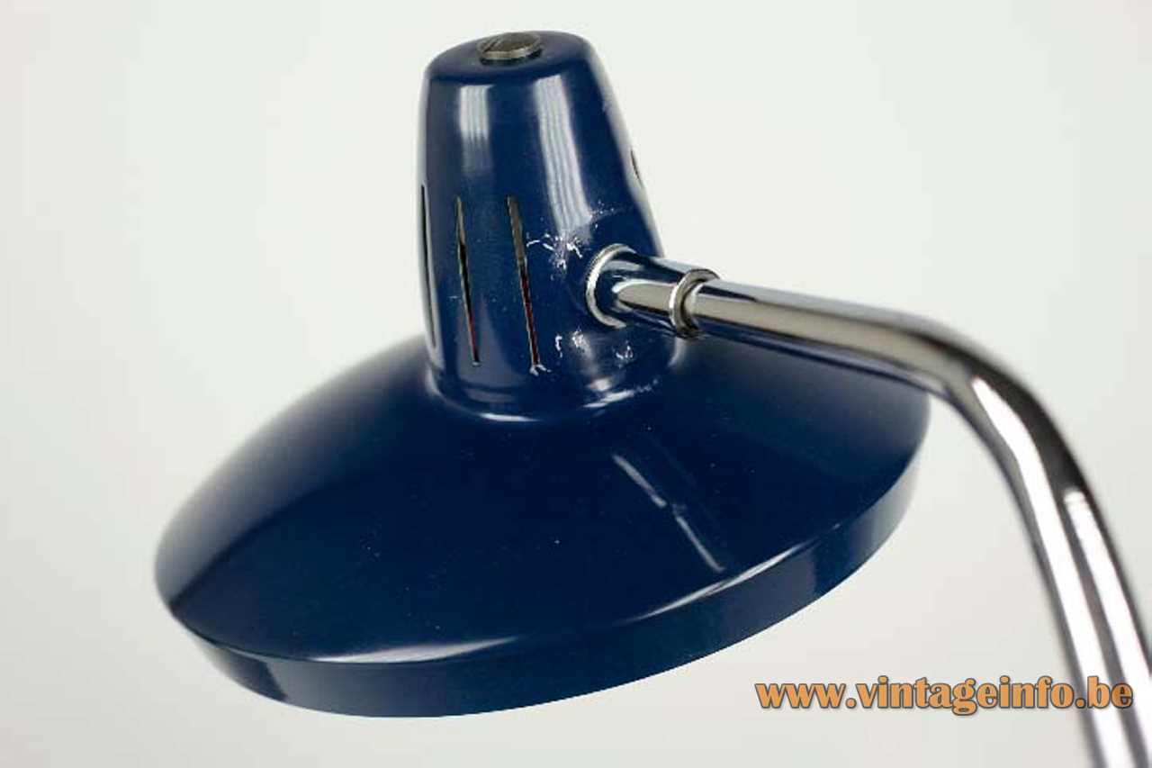 Blue Fase Faro desk lamp round metal base adjustable chrome rod round lampshade 1970s Spain