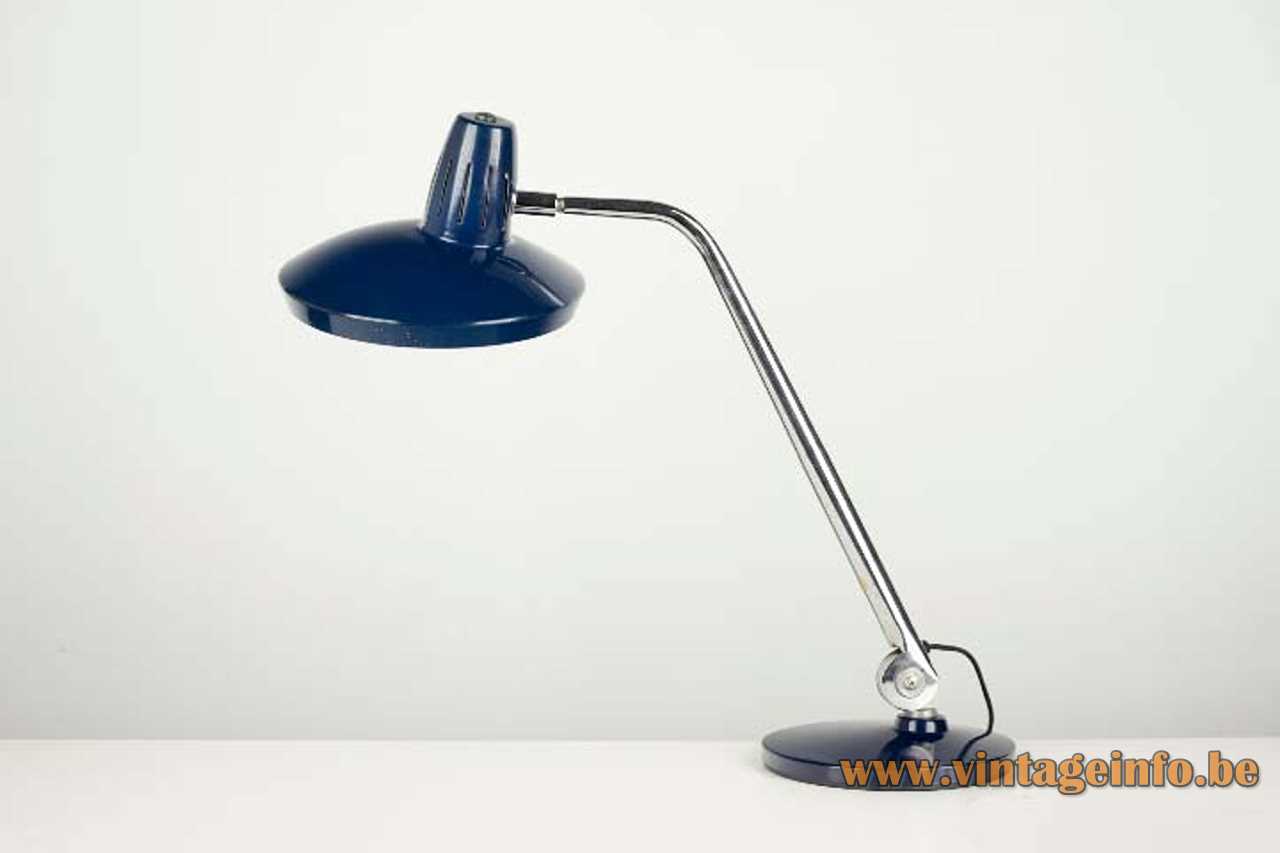Blue Fase Faro desk lamp round metal base adjustable chrome rod round lampshade 1970s Spain
