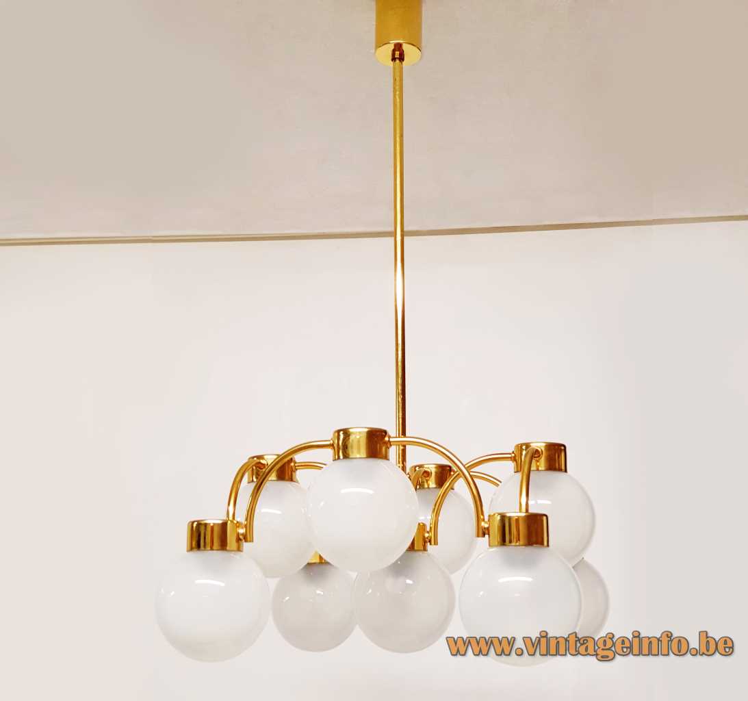 Boulanger opal globes chandelier curved brass rods 9 misty glass spheres 1970s Belgium 9 E14 sockets