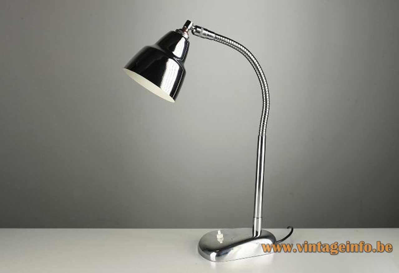 Chrome Jumo desk lamp design: André Mounique goose-neck conical round lampshade E27 socket 1950s 1960s France