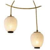 DORIA Mikado pendant chandelier 2 striped glass lampion lampshades curved brass rod 1950s 1960s Germany