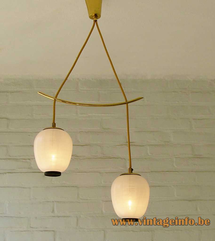 DORIA Mikado pendant chandelier 2 striped glass lampion lampshades curved brass rod 1950s 1960s Germany