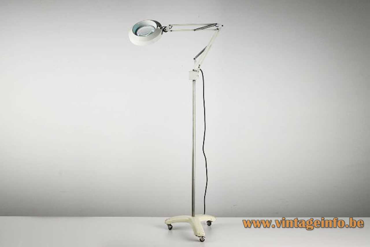 Fase Lupa floor lamp white tripod base adjustable rods round magnifying glass 1970s Spain