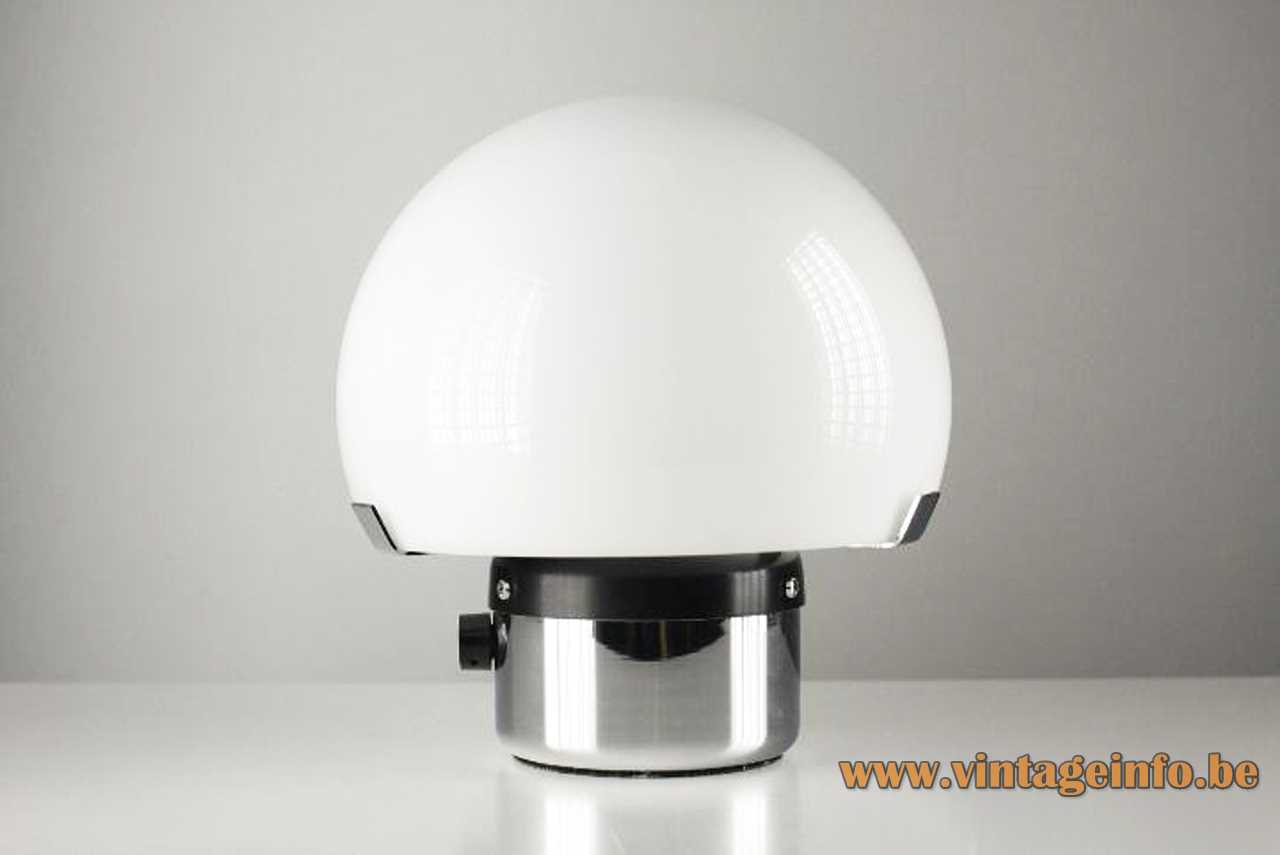Gaetano Sciolari Metalarte table lamp chrome round base white acrylic mushroom lampshade black dimmer 1970s Spain