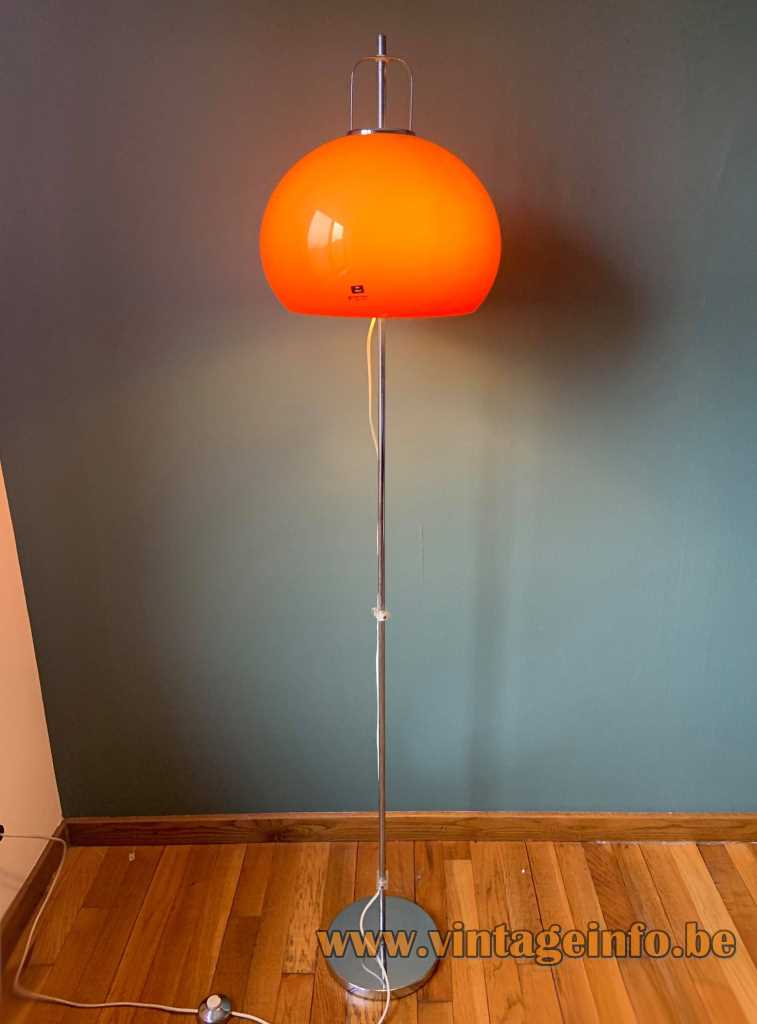 Harvey Guzzini Lucerna floor lamp 1966 design chrome base & rod orange acrylic lampshade 1960s 1970s Italy