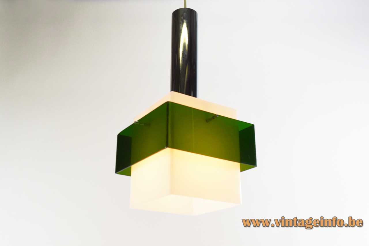 Harvey Guzzini Marconi pendant lamp design: Luigi Massoni chrome rod square white & clear green acrylic 1960s