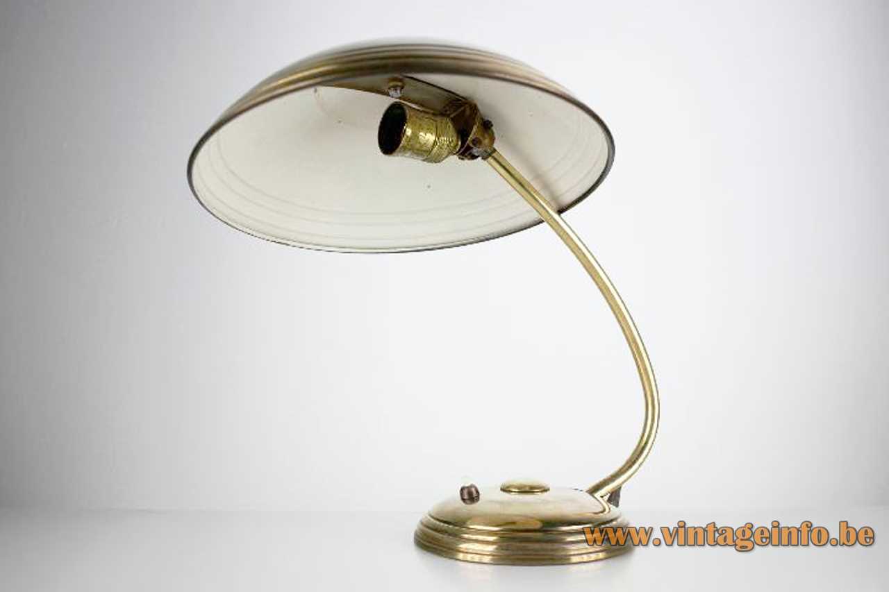 Helo Leuchten 1950s desk lamp round ringed brass base curved rod mushroom lampshade metal socket Germany