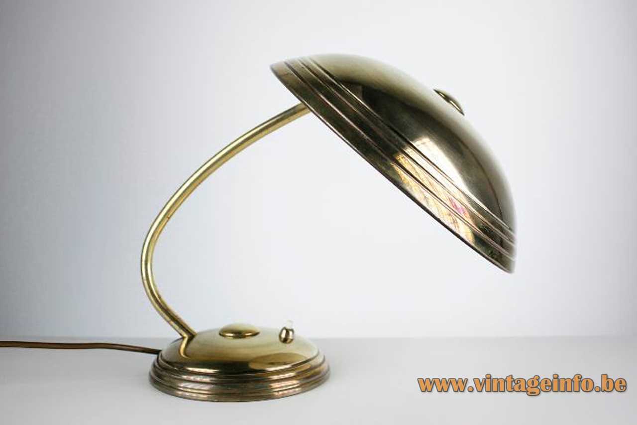 Helo Leuchten 1950s desk lamp round ringed brass base curved rod mushroom lampshade metal socket Germany
