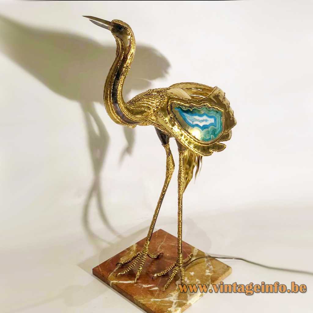 Henri Fernandez crane lamp table floor light brass bird marble base blue agate stone 1970s France