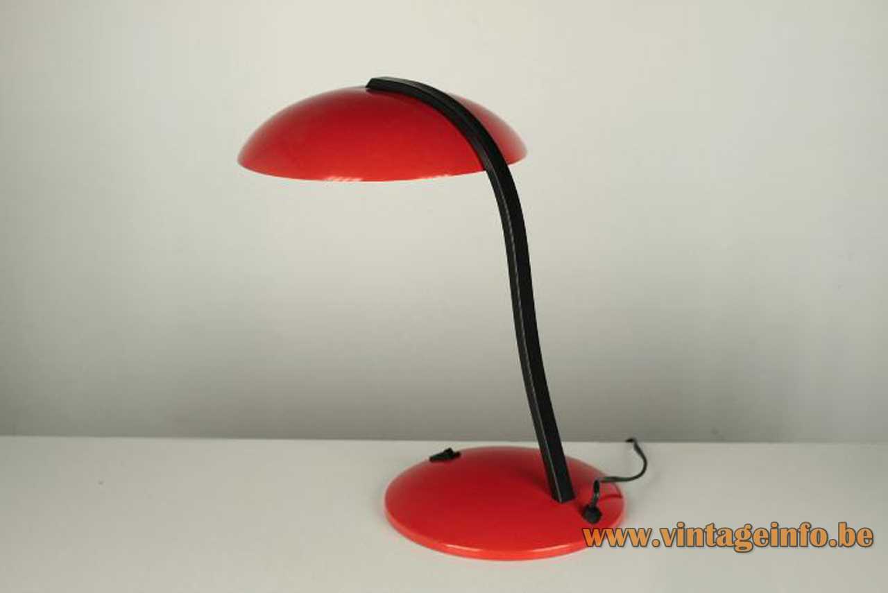 Nuova Veneta Lumi desk lamp round metal base curved black flat rod red mushroom lampshade 1970s 1980s