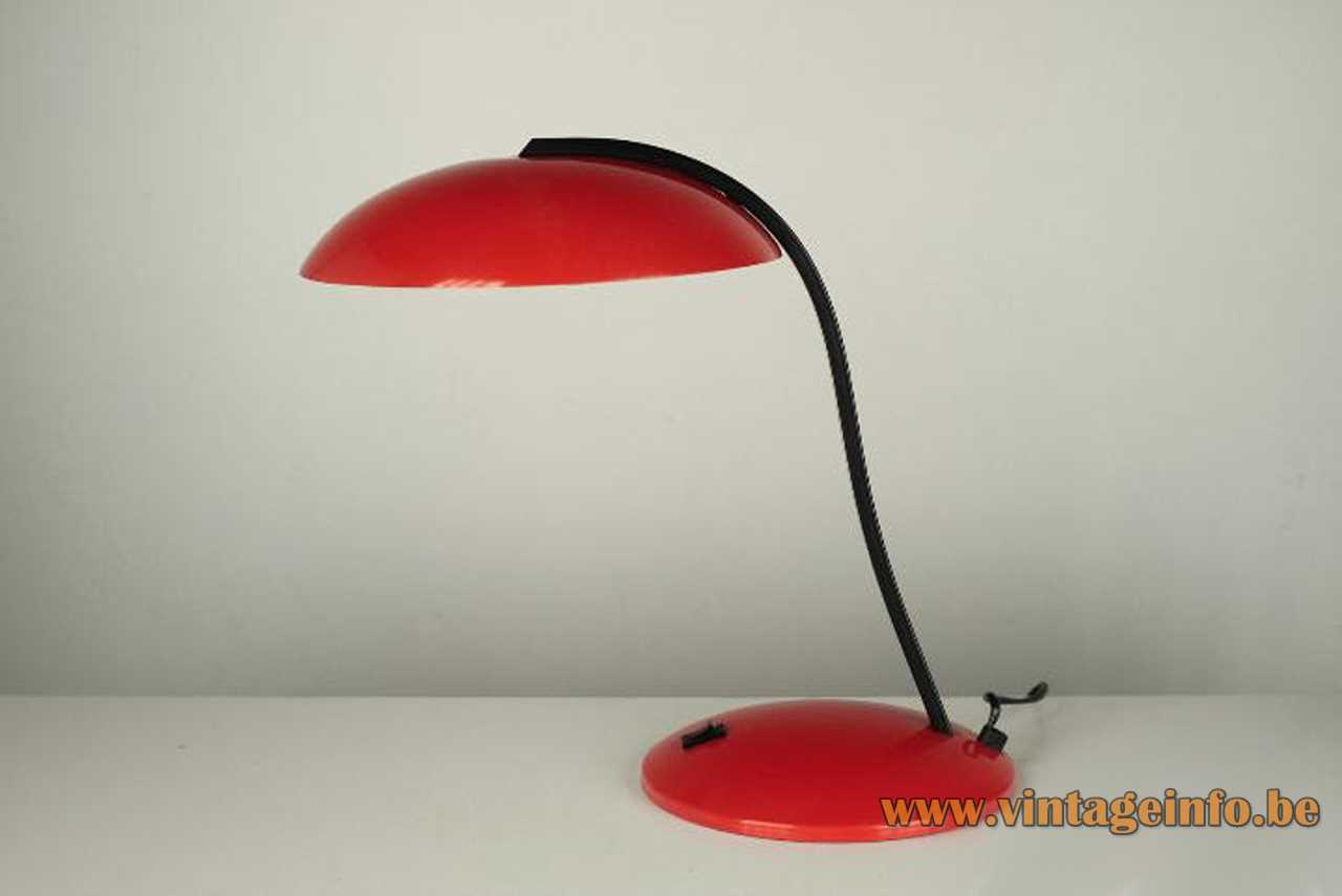 Nuova Veneta Lumi desk lamp round metal base curved black flat rod red mushroom lampshade 1970s 1980s