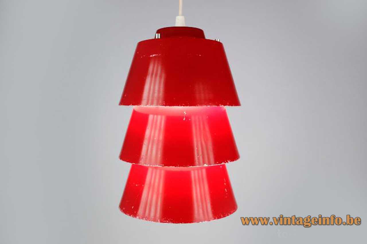 Philips 1970s pendant lamp 3 round red conical stacked aluminium lampshades E27 socket IKEA Duett