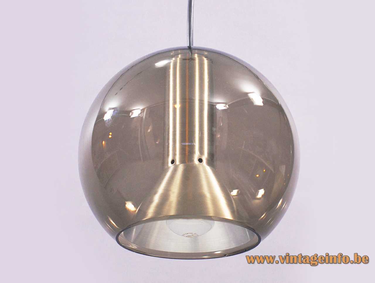 Raak globe pendant lamp design: Frank Ligtelijn smoked glass sphere concical brushed aluminiun diffuser 1950s 1960s
