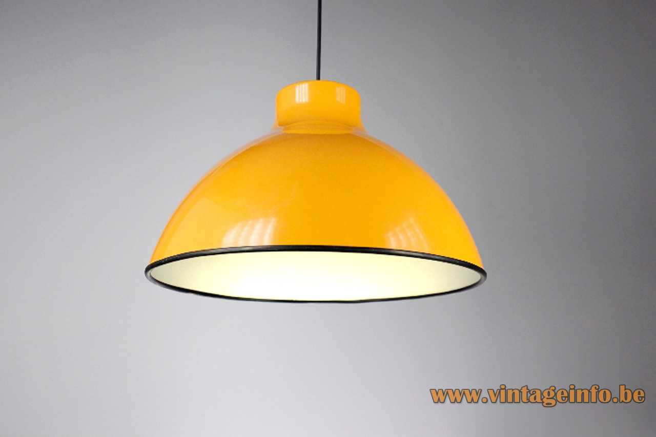 1970s Tramo metal pendant lamp design: Joan Antoni Blanc yellow lampshade black rim Spain E27 socket