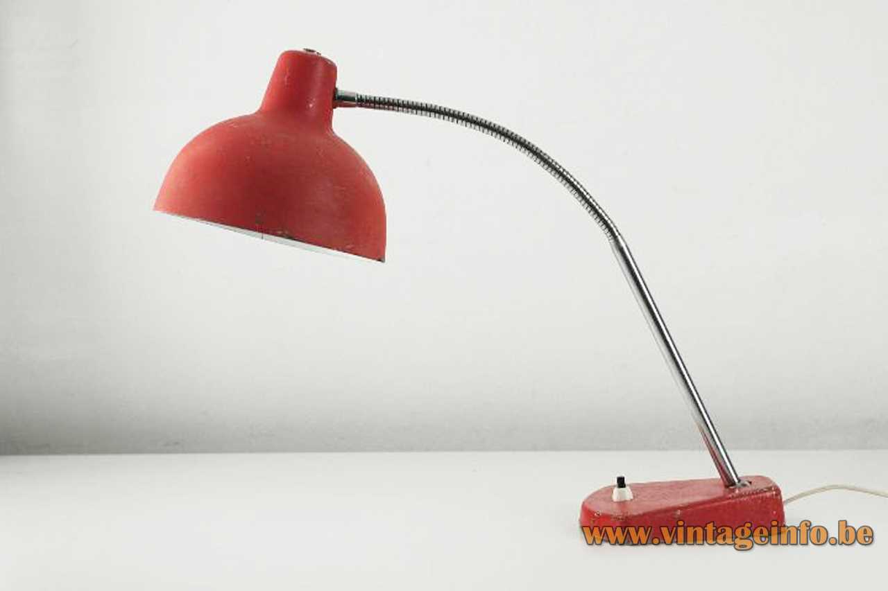 Aluminor metal desk lamp red iron base aluminium lampshade chrome rod & goose-neck 1960s 1970s France