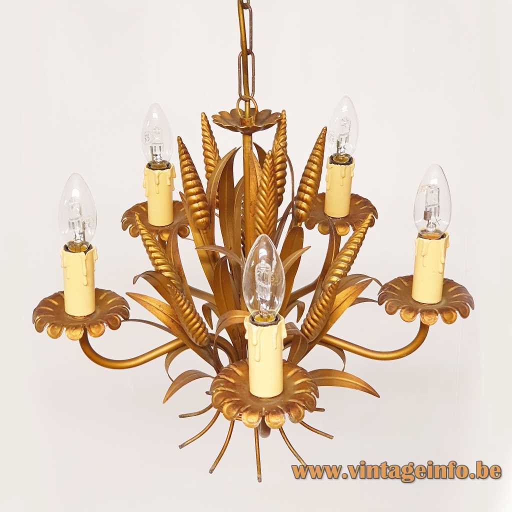 Coco Chanel toleware chandelier 5 candlestick E14 light bulbs gold painted metal Honsel Leuchten Germany 1970s