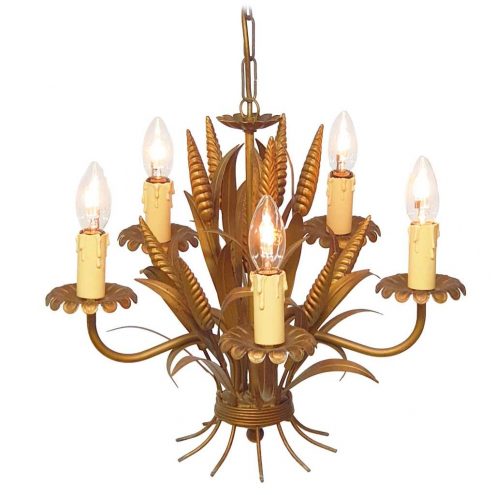 Coco Chanel toleware chandelier 5 candlestick E14 light bulbs gold painted metal Honsel Leuchten Germany 1970s