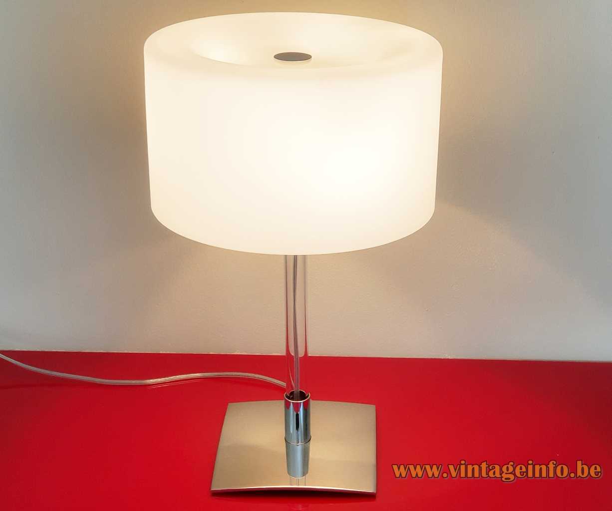 FontanaArte Drum table lamp 2005 design: Franco Raggi steel base glass rod opal glass lampshade Italy