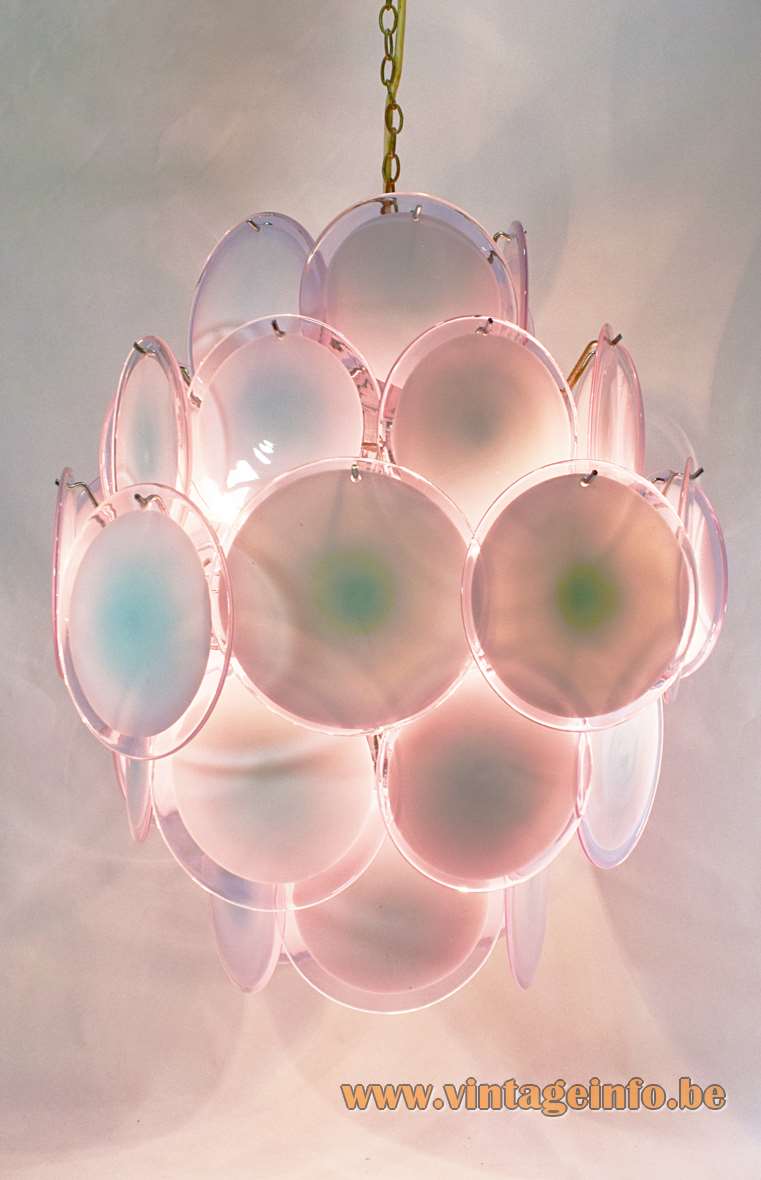 Gino Vistosi blue & pink discs chandelier 36 Murano glass dishes chrome wire frame Mazzega 1960s 1970s