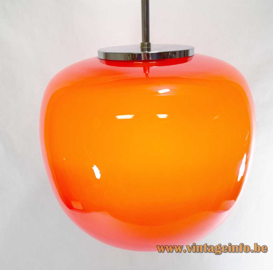 Hustadt-Leuchten glass pendant lamp orange red globe apple shape chrome parts 1960s 1970s vintage Germany