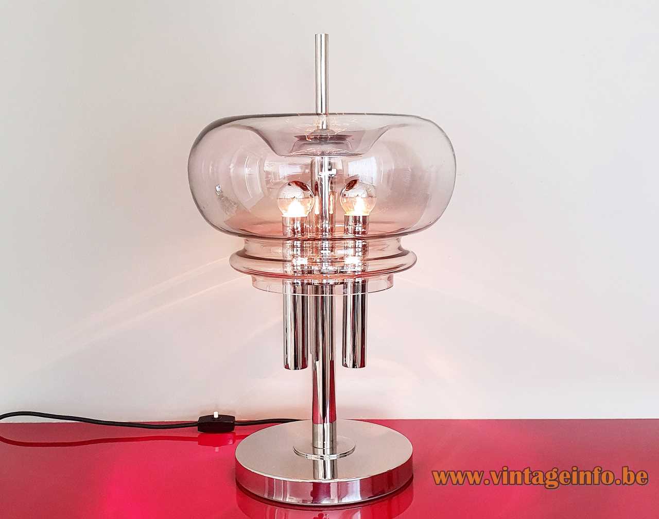 Leclaire & Schäfer table lamp chrome base & tubes smoked glass mushroom lampshade 1960s 1970s Germany E14 sockets