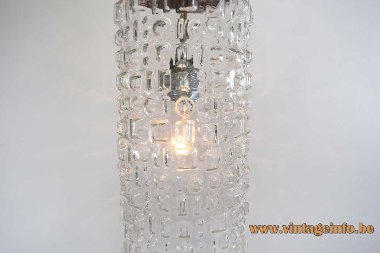 Peill + Putzler Sevilla pendant lamp clear embossed glass tubular lampshade chrome 1960s design E27 socket Germany
