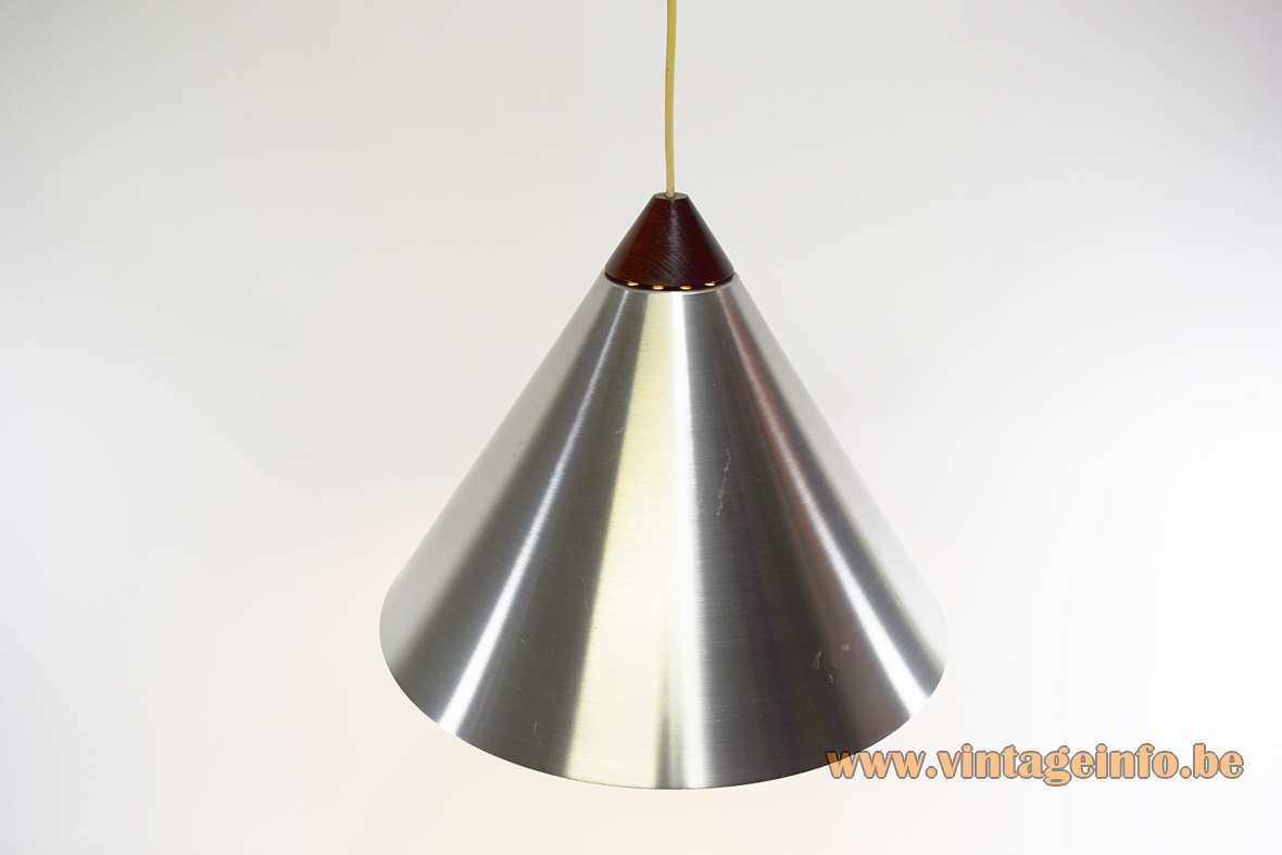 Uno & Osten Kristiansson pendant lamp conical brushed aluminium lampshade wood top Luxus Sweden 1960s