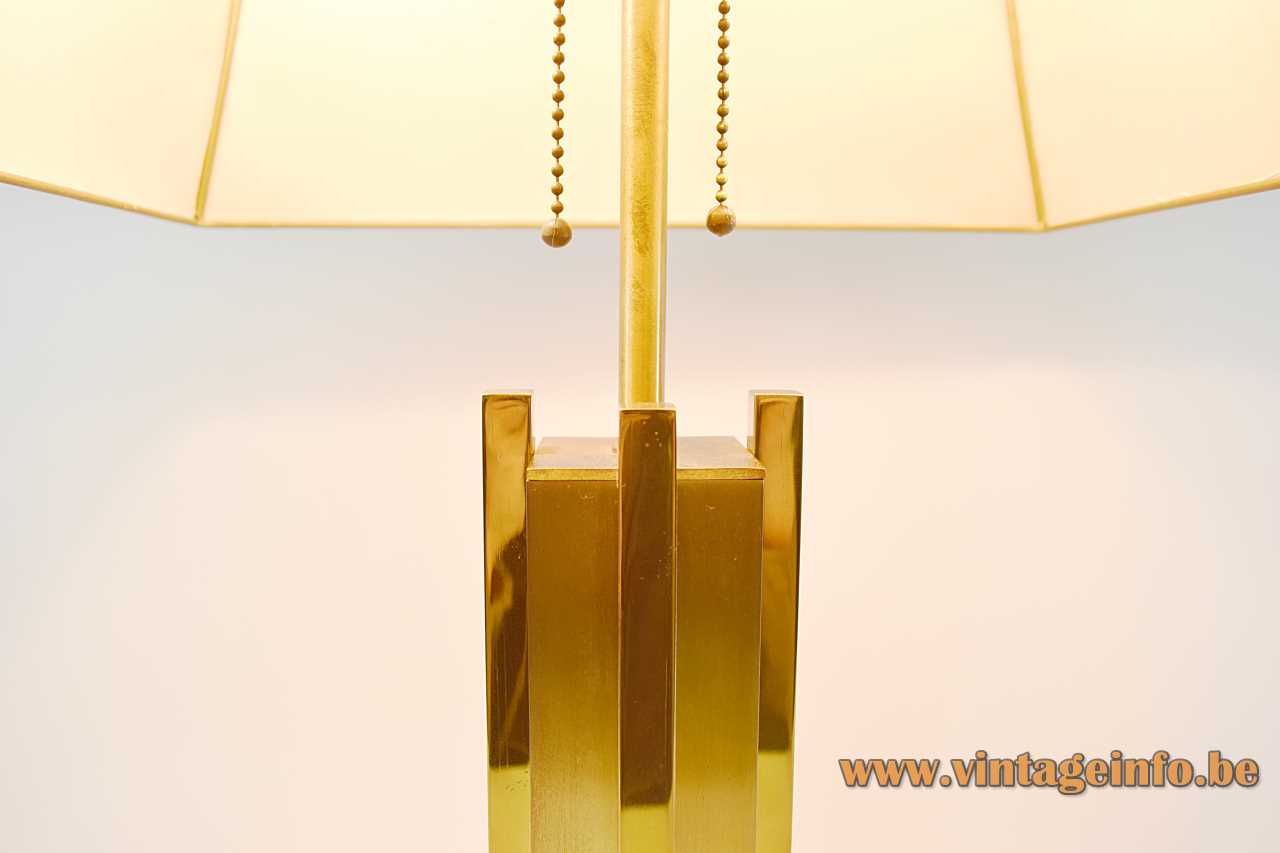 Belgo Chrom brass table lamp sculptural geometric skyscraper base pagoda lampshade 2 E27 sockets 1960s 1970s