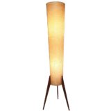 Conical tripod rocket floor lamp 3 teak legs fabric tube wood switch on top 1950s 1960s
