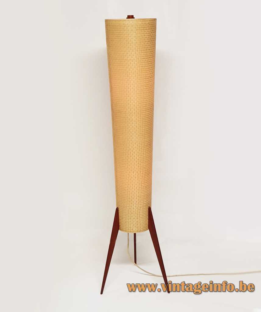 Conical tripod rocket floor lamp 3 teak legs fabric tube wood switch on top 1950s 1960s