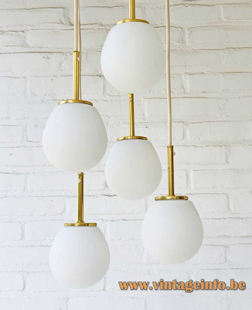 DORIA opal globes cascading chandelier 5 white glass spheres brass rods 1960s 1970s Doria Leuchten Germany