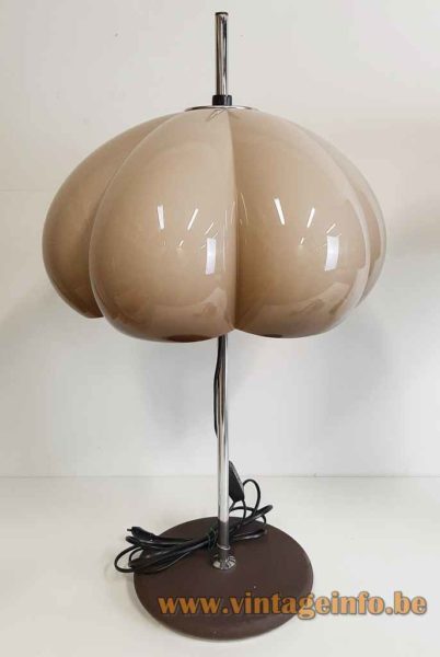 Herda acrylic bubble table lamp round base chrome rod adjustable brown plastic pumpkin lampshade 1970s Netherlands 