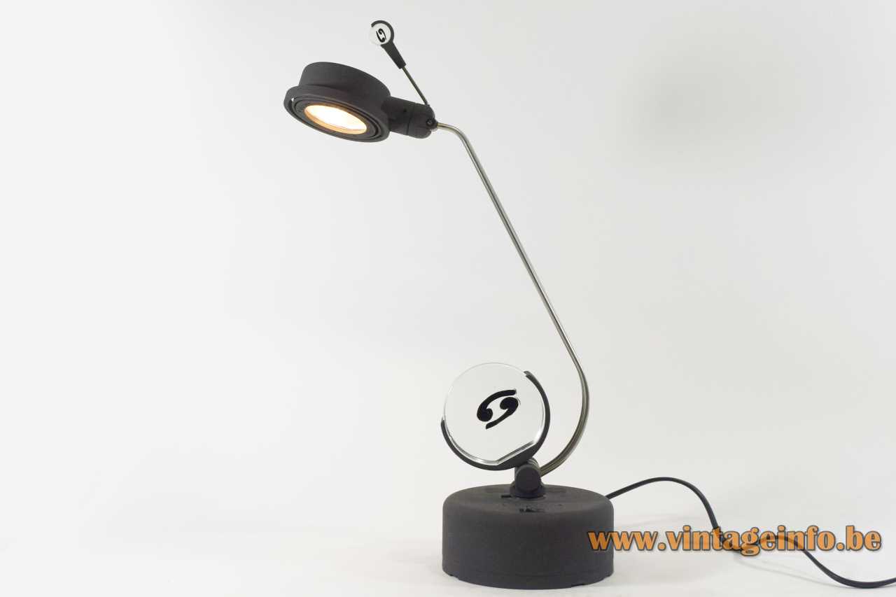 La Murrina Zodiaco desk lamp black plastic base & lampshade chrome rods Murano glass disc 1980s 1990s
