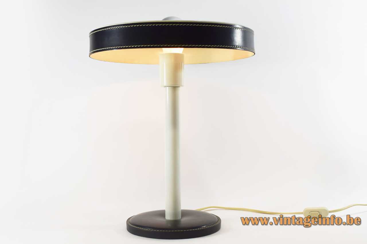 Leather Philips desk lamp round base & lampshade white metal rod black leather Jacques Adnet design 1970s 1980s