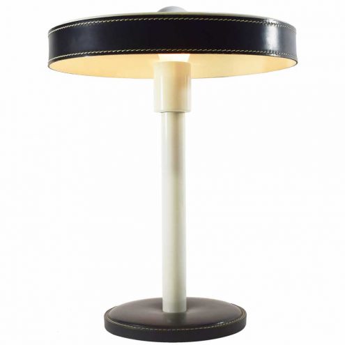 Leather Philips desk lamp round base & lampshade white metal rod black leather Jacques Adnet design 1970s 1980s
