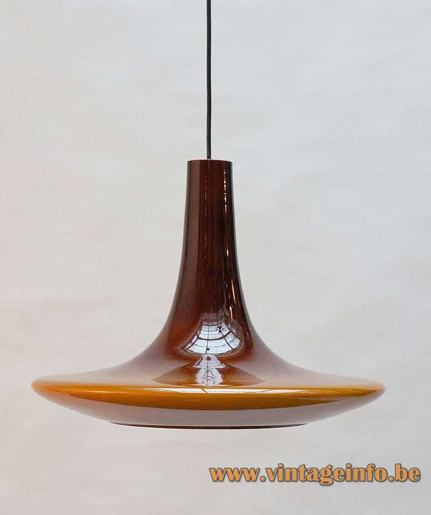 Peill + Putzler AH12 pendant lamp big brown hand blown conical glass disc UFO lampshade 1970s Germany 