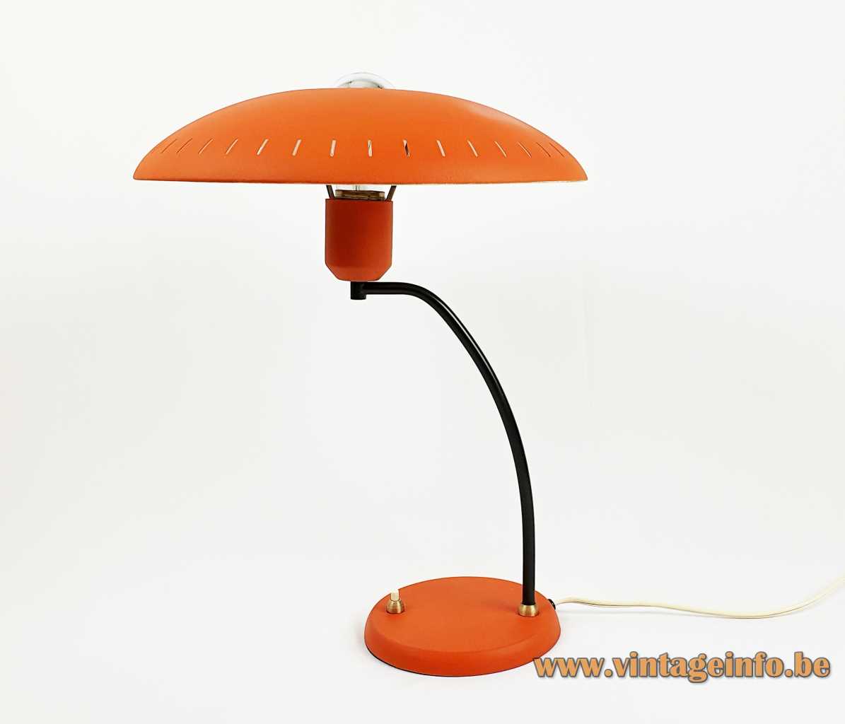 Philips Junior desk lamp 1955 design: Louis Kalff orange mushroom lampshade brass curved rod 1950s 1960s